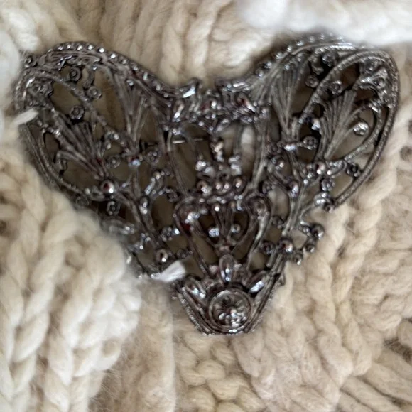 Anthropologie Sleeping On Snow Ivory Angora Knit Heart Pin Cardigan Size M - Picture 9 of 10